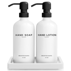 White Glass Soap and Lotion Dispenser Set with Tray by Brighter Barns - Hand Soap Dispenser Bathroom Set & Stainless Steel Pump for Home, Vacation Rental - Modern Bathroom Accessories & Decor (White)