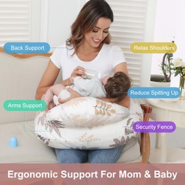 Nursing Pillow for Breastfeeding, Breastfeeding Essentials for Newborn, More Support for Mom and Baby, with Adjustable Waist Strap and Removable Cotton Cover (Small Leaves)