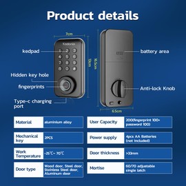 Keyless Entry Door Lock with Keypad - Smart Deadbolt Lock for Front Door, Fingerprint Door Lock with 2 Keys, Auto-Lock, Easy Installation, Smart Door Knob for Room and Hotel