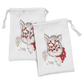 Ambesonne Cat Fabric Pouch Set of 2, Fashion Portrait Hipster Cat with Star Shaped Glasses and Bow I Love Kitty, Small Drawstring Bag for Toiletries Masks and Favors, 9" x 6", Pale Pink Beige and Red
