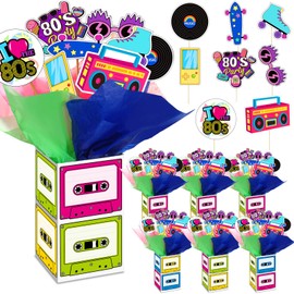 Weekgrat 6 Sets 94 Pcs 80's Centerpieces 80's Retro Party Decorations Retro Hip Hop Table Toppers with Cassette Tape Box 1980's Cutouts and Sticks for Shower Party Birthday Decor