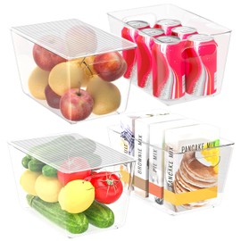 BALEINE Clear Stackable Storage Bins with Lids, Plastic Containers with Handle for Pantry Organizers and Storage, Plastic Storage Bins for Fridge, Kitchen, Bathroom, Cabinet (10x6x5, 4PK)