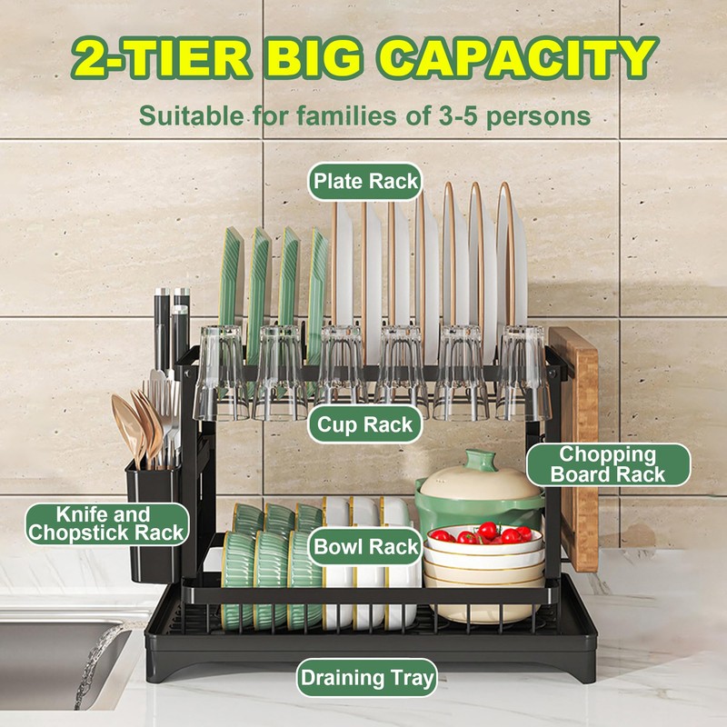 Dish Drying Rack 2 Tier,Space-Saving Dish Drainer with 360° Rotating