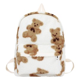 Aisi Women Girl Plush Backpacks Cute Bear Pattern Backpack Faux Fur Schoolbag Casual Travel Backpack