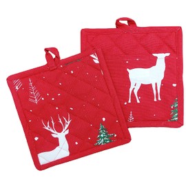 Set of 2 Pot Holders, Holiday Christmas Forest Green Tree, 100% Cotton Pocket Pot Holder with Polyester Fill, Size 8x8 Inch. Perfect for Thanks Giving, Christmas and Other Holiday Season.