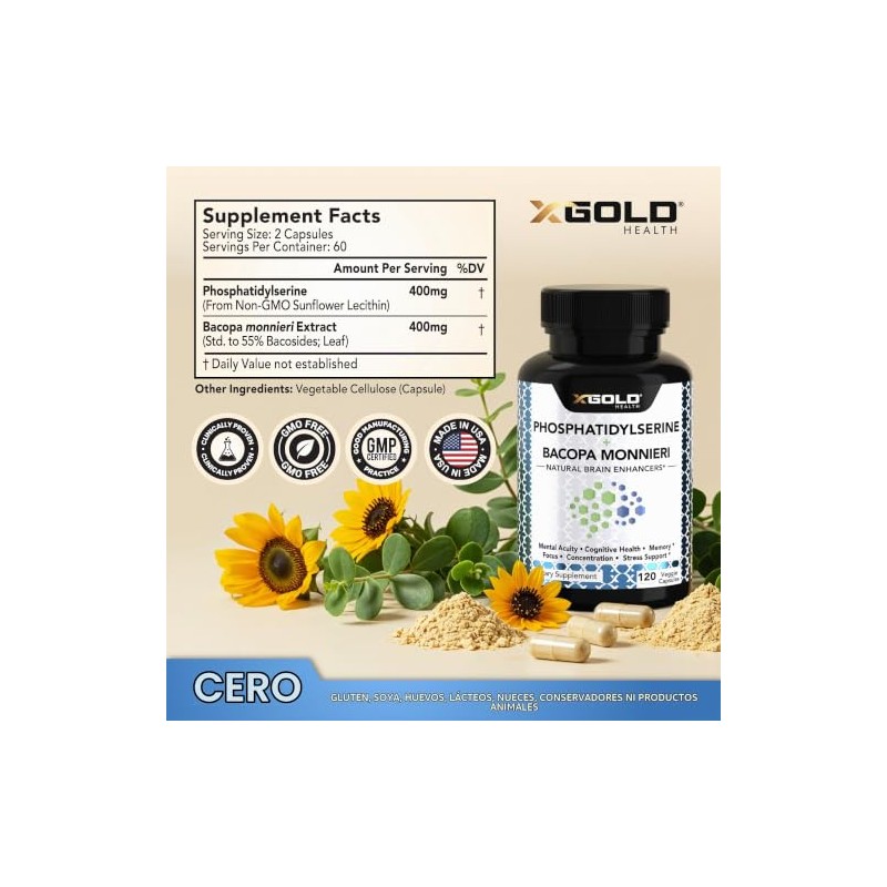 Gold Health Fosfatidilserina Bacopa 120 Cápsulas Memoria Concentración Vegano Hecho