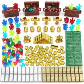 Treasure Building Bricks Accessories Chrome Gold Coins and Bars Golden Eggs Trophies Crown Chest Jewel Gems Diamonds Crystals Bill Bank Cash Play Money Block Toy Model for Medieval Castle Kingdom