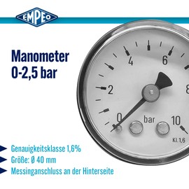 EMPEO by Messbo Pressure Gauge, NG 40 0-2.5 Bar, 40 mm Diameter, G1/8 Inch Connection at the Rear, Tube Spring Manometer, Steel Housing