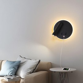 AIRTWESD USB Charging Port Wall Wash Light Black Bed LED with Interior Wall Adjustable Spotlight Reading lamp Wall lamp Bedroom Indoor Bedside Lamp 3000K (3W + 9W)
