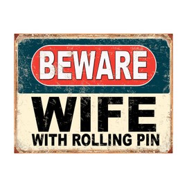Shawprint Beware Wife With Rolling Pin Funny Metal Signs Home Pub Indoor & Outdoor Garden Bar Garage Vintage Wall Plaque Gift Retro (A4)