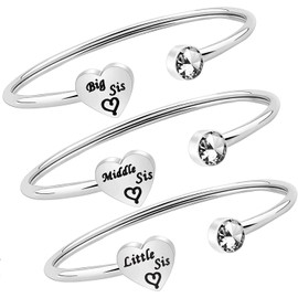3 Sisters Bracelet Set - Big, Middle, Little Sister Cuff Bangle Jewelry Gift for Family and Friends