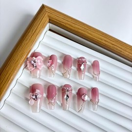 Yabonica Pink Press On Nails Short Oval - 10Pcs Reusable Pre Designed Press On Nails- Luxury Glue On Nail with Cute Design,Acrylic Stick On Nails for Women Girls Gift (068, L)
