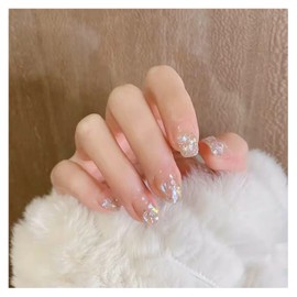 Lwenjing Nail Tip, False Nail Tip, 3D Nail Tip, Handmade Nail Tip, Wedding Nail Tip, Cute, Short Nail Tip, Popular, Japanese Style, Bride Nails, Shiny, False Nails, Pack of 24 (DF330)