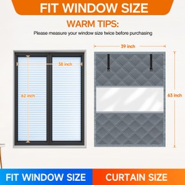 Skloopearg Winter Visible Insulated Window Curtain 39"x63", Oxford Cloth Thermal Insulated Window Cover with Buckles, Heavy Duty Window Insulation Kit Fits Windows up to 38"x62", Grey