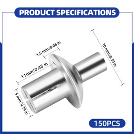 Pack of 150 Aluminium Core Rivets: 5 x 11 mm Aluminium Rivets, Aluminium Core Rivets with Round Head, Aluminium Rivets, Aluminium Core Rivets with Round Head for Attaching Cars, Metals, Plastics