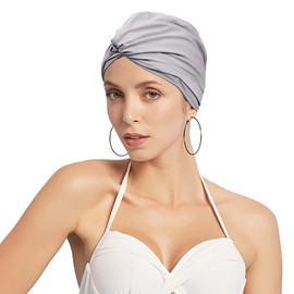 Ladies Women Pleated Fabric Swimming Cap Turban Style Swim Pool Beach Surfing Bathing Cap Elastic Ears Protection Shower Cap Soft Cross Beanie Cap Chemo Night Sleep Hat Solid Color For Long Short Hair