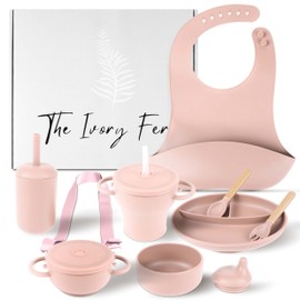 The Ivory Fern Silicone Baby Feeding Set, Baby Plates and Bowls Set, Bib, Convertible Drinking, Snack Cups with Straw, Portable Baby Feeding Supplies