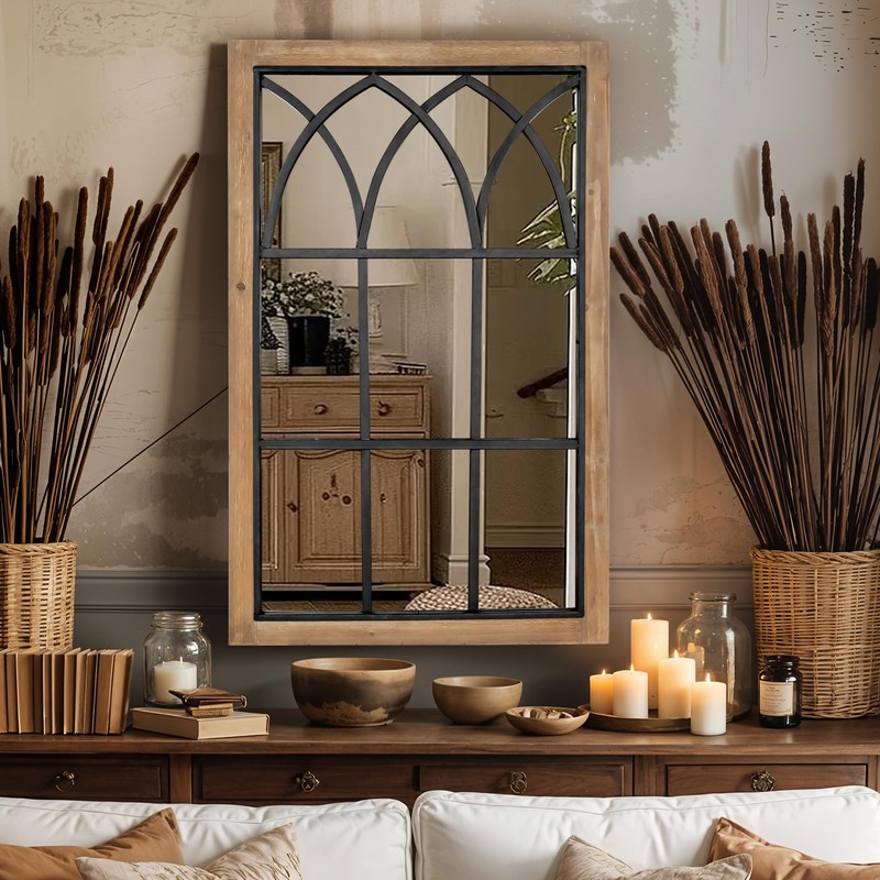 Oakrain Rustic Window Mirror for Wall Decor, 24”x37” Wood Frame
