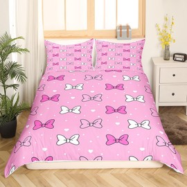 Bowknot Kids Duvet Cover Set Queen Size,Bow-tie Starry Sky Love Heart Romantic Bedding Set,Children Girls Women Room Decor,Castle Princess Cartoon Comforter Cover,Pink Cute Quilt Cover,2 Pillowcases