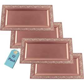 Yumchikel (12 pk) 14" x 7.5" Rose Gold Lace Rim Plastic Serving Trays & Platters | Heavy Duty Disposable Decorative Dessert Tray - Party Platters for Upscale Parties Weddings