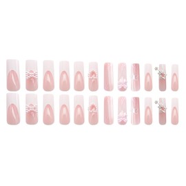 Press on Nails Extra Long Pink French False Nails Pearl Love Heart Fake Nails Artificial Acrylic Nails Bow Tie Stars Design Square Nails Full Cover Reusable Coffin Nails Glue on Nails for Women 24Pcs