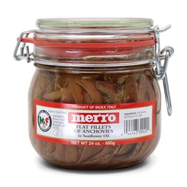 Merro Anchovy Fillets in Sunflower Oil 24 oz Jar – Imported Italian Hand-Packed Anchovies, Firm Meaty Fillets in Resealable Jar for Caesar Salad, Bagna Cauda, Pizza & Pasta
