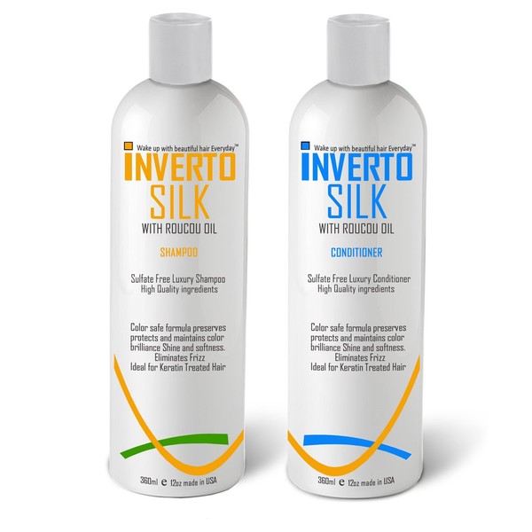 INVERTO SILK Luxurious Keratin Shampoo and Conditioner Set For Frizzy Damaged Hair Sulfate Free Shampoo and Conditioner Two Bottles Value Set 2 x 360ml Protect Hair Color Eliminate Frizz post treatment shampoo