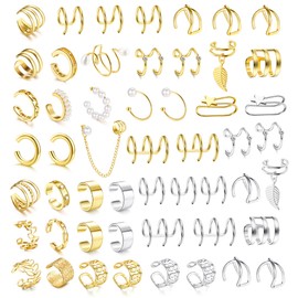 Dochais 52 Pcs Helix Cartilage Clip on Wrap Fake Earrings Ear Cuffs for Women Men Non Piercing Ear Clip (Gold/Silver)