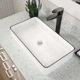 Vessel Sink Rectangular, Dcolora 24"x14" White Vessel Sink with Black Rim Ceramic Porcelain Rectangle Bathroom Vessel Sink Above Counter Vanity Sink Basin
