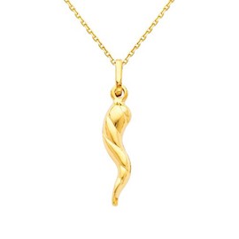 The World Jewelry Center 14k Real Yellow Gold Twisted Cornicello Italian Horn Pendant with 0.9mm Cable Chain Necklace - 20"
