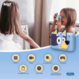ekids Bluey Kids Camera with SD Card, Digital Camera for Kids with Video Recording, Built-in Digital Stickers for Fans of Bluey Toys