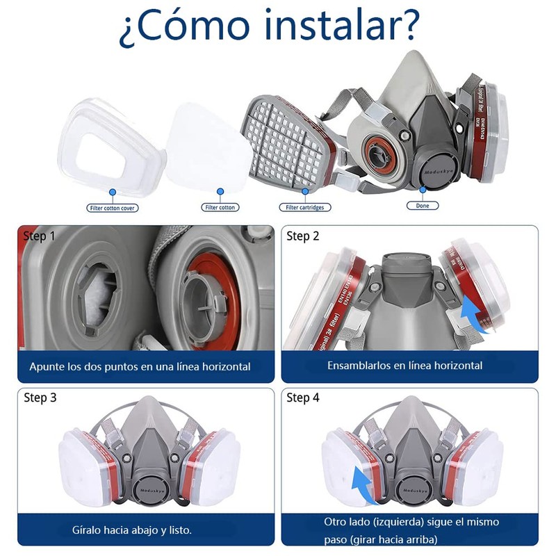 6200 Respirador reutilizable con anteojos de seguridad y filtros (Gris)