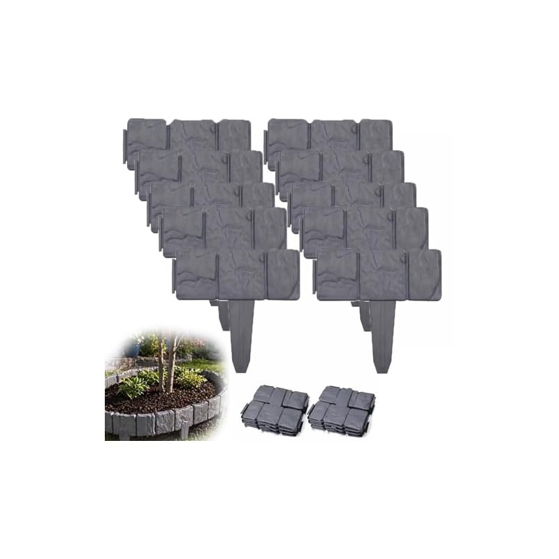 Faux Stone Garden Fence, Grey, Plastic Interlocking Decorative Frame for