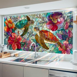 HOMETITUTE Sea Turtle Tropical Flower Window Cling 39.3x17.7 Inch PVC