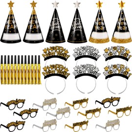 jojofuny New Years Eve Party Favors, Glitter Sequin Noise Makers Party Favors for 12 Guests, 6 Party Hats, 6 Headbands, 12 Glasses, 12 Squawkers for Happy New Year Party Decorations
