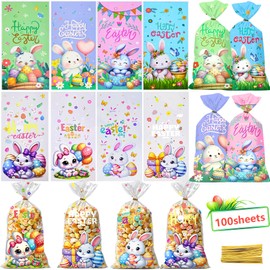 CUUSNNY Easter Treat Bags,100 PCS Easter Candy Bags,Easter Plastic Gift Goodie Bags Candy Cellophane Bags with 120 PCS Gold Twist Ties for Easter Party Favor Supplies