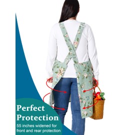 VIKIDEER Comfortable Huge Plus Size Aprons for Women Adjustable Cross Back Floral Cotton Linen Aprons Rose with Green Background