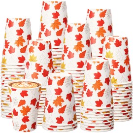 Jingmore 36 Pcs 12 oz Fall Party Cups Thanksgiving Fall Disposable Cups Pumpkin Maple Leaves Cups Bulk Fall Paper Cups for Autumn Harvest Hot Cold Drinks Coffee Supplies(Maple Leaf,Multicolor)