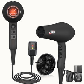 JINRI Hair Dryer, 1875W, 3 Heat & 2 Speed, with Diffuser, with Concentrator, Ionic Technology & Infrared - Black, Detachable Air Intake, Hanging Strap, Non-Foldable, 220V-240V, JINRI-104
