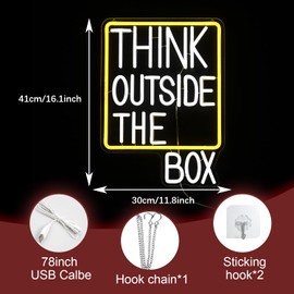 LIUOZHTEA Think Outside The Box Neon Sign Dimmable White Words Neon Light for Wall Decor Led Think Light Up Sign for Study Room Classroom Library Meeting Room Bedroom (16.1 * 11.8 In)
