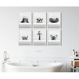 Funny Bathroom Decor Wall Art Cute Black and White Animals Artwork Rustic Farmhouse Home Wall Decor Cat Dog Giraffe Elephant Pictures Prints for Living Room Kids Bathroom,(6PCS, 8"x10", Unframed)