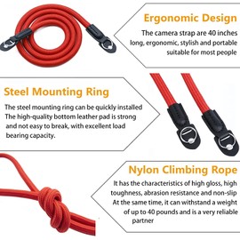 wieehtes Kameragurt aus Seil:100cm Nylon Kletterseil Kamera Hals Schultergurt für Spiegellose/Kleine Kameras(Rot)