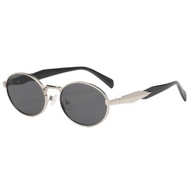 JCTAIFOO Vintage Oval Sunglasses Retro Stylish Round Sunglasses for Women Men Metal Frame Glasses, Silver/dark grey