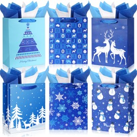 24 Large Christmas Gift Bags with 24 Tissue Paper, Bulk Winter Holiday Blue Gift Bags with Handles, 6 Styles Xmas Paper Treat Bags for Christmas Winter Holiday Presents Party Favors, 5.1x10x12.6 Inch