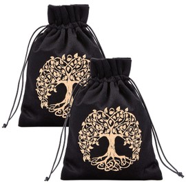 CREATCABIN 2Pcs Black Tarot Storage Bag Thick Velvet Packing Pouches Tree of Life Symbol Drawstring Bag Protective Card Board Game Embroidery for Tarot Dice Card Jewelry Crystal Pouch