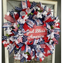 Patriotic God Bless America USA 4th of July Floral Deco Mesh Front Door Wreath, Memorial Day, Labor Day, Military, Fourth Decor, Indoor Outdoor, Porch Patio Decoration, RWB