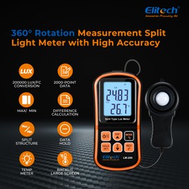 Elitech Digital Light Meter Portable Luxmeter with LCD Display, Range 200,000 Lux, Temperature Measurement LM-200