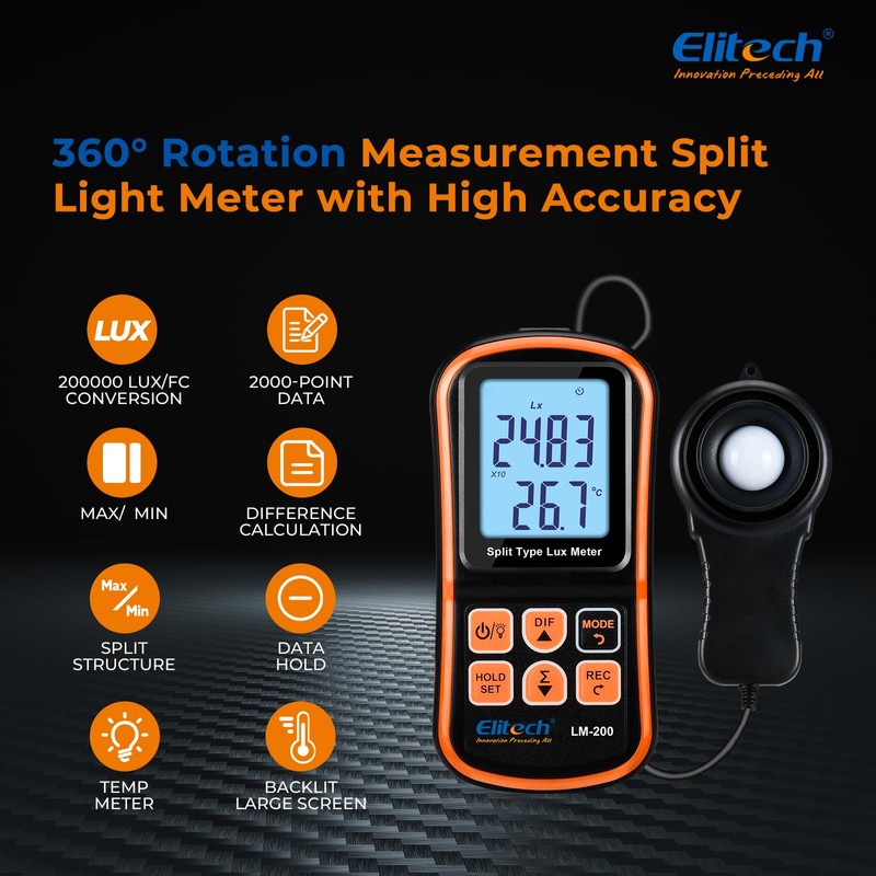 Elitech Digital Light Meter Portable Luxmeter with LCD Display, Range