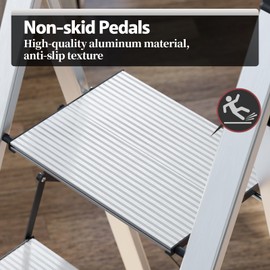 KINGRACK Aluminium 5 Step Ladder, Lightweight Step Stool with Non-Skid Pedals, Handrail, Foldable Step Ladder for Kitchen, Garage, Home, Space Saving, Sturdy and Portable, Silver