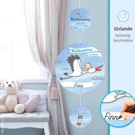 Stork for Birth Sign, 100 cm, Welcome Home Baby Garland, Blue, 6-Piece Set, Customisable, Pre-Assembled, Hanger, Baby Shower Decoration, Mobile Birth Gift, Door Sign, Birth Stork